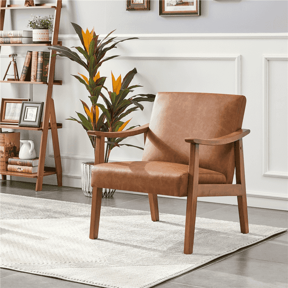 Yaheetech Mid-Century Upholstered Faux Leather Armchair with Solid Wood Legs,Light Brown