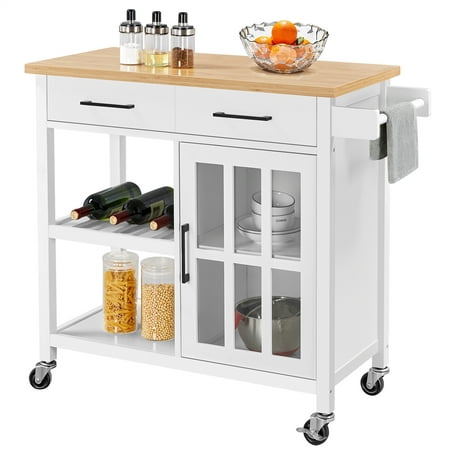 Yaheetech Mobile Kitchen Cart with Cabinet & Open Shelves, White