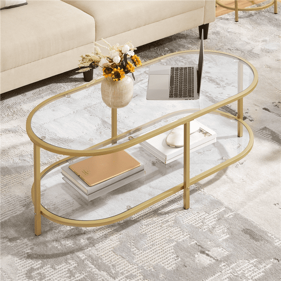 Yaheetech Modern 2-Layer Oval Coffee Table with Clear Glass, Gold