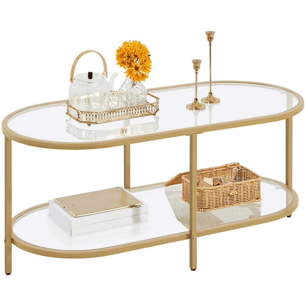 Yaheetech Modern 2-Layer Oval Coffee Table with Clear Glass, Gold ...