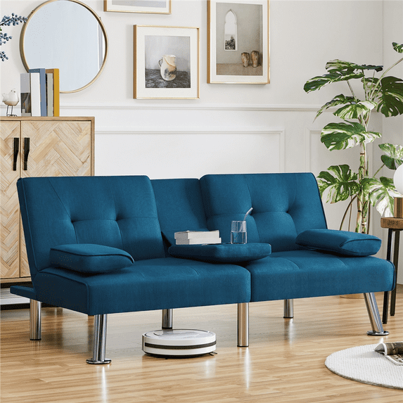 Yaheetech Modern Fabric Upholstered Futon with 2 Throw Pillows, Aqua Blue