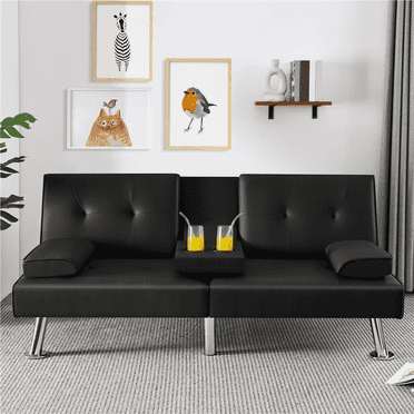 Yaheetech Modern Faux Leather Convertible Futon Sofa Bed with Cup Holders, Black