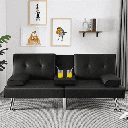 Yaheetech Modern Faux Leather Convertible Futon Sofa Bed with Cup Holders, Black