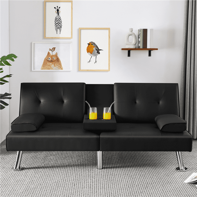 Yaheetech Modern Faux Leather Futon Sofa Bed, Black - Sleeper with Cup ...