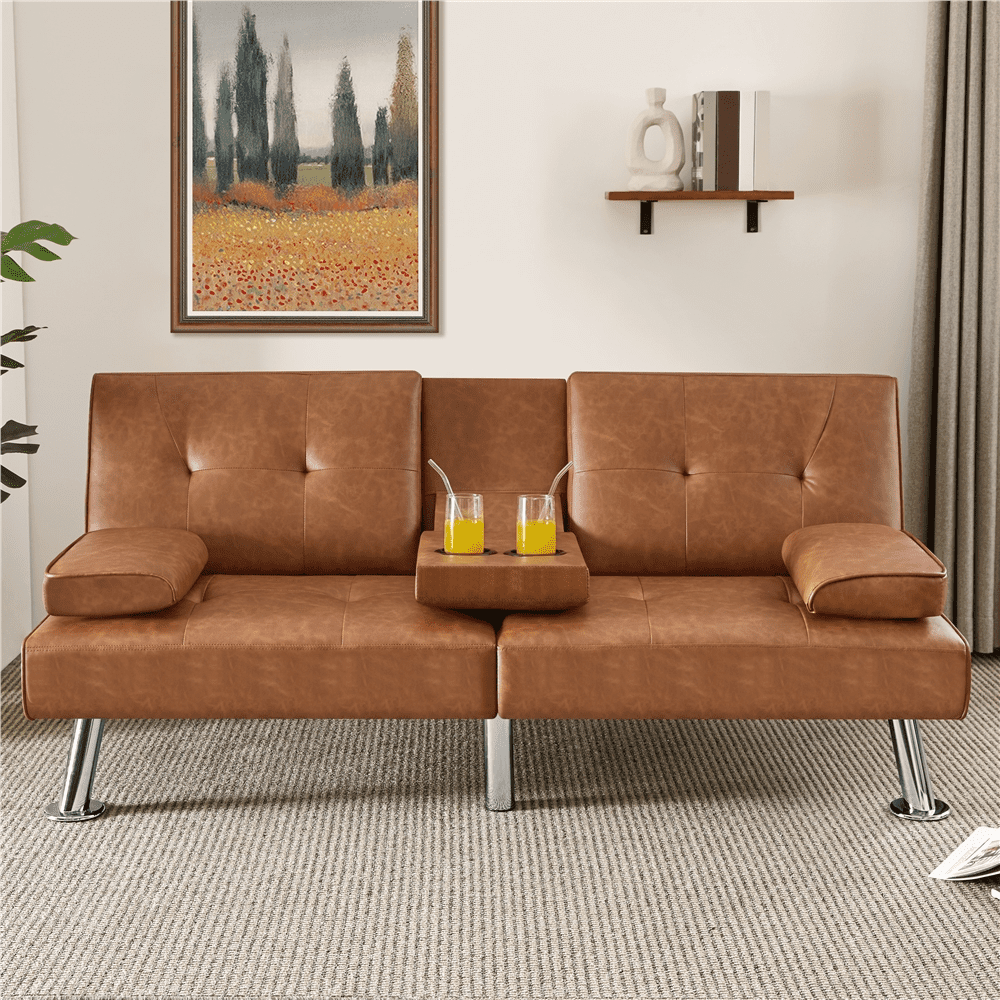 Yaheetech Modern Faux Leather Futon Sofa Bed with Cup Holders Small