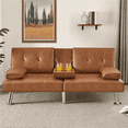thumbnail image 1 of Yaheetech Modern Faux Leather Convertible Futon Sofa Bed with Cup Holders, Brown, 1 of 9