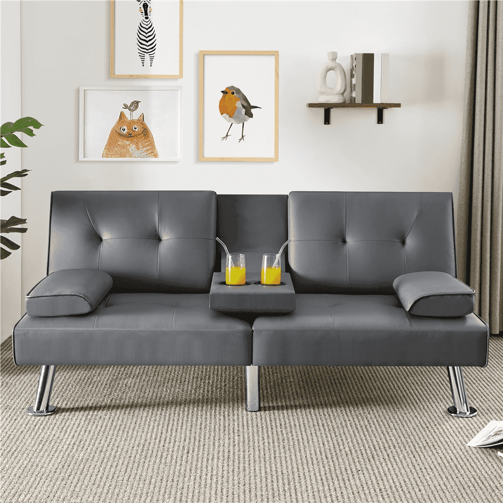 Yaheetech Modern Faux Leather Convertible Futon Sofa Bed Couch, Room ...