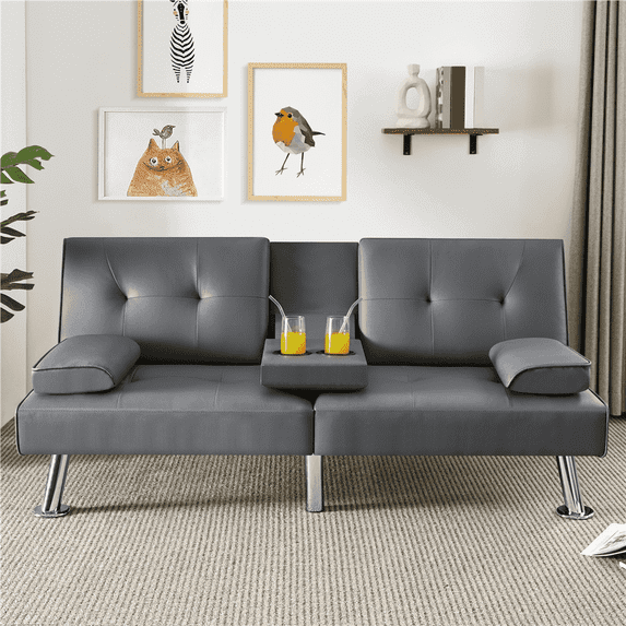 Yaheetech Modern Faux Leather Convertible Futon Sofa Bed with Cup Holders, Gray
