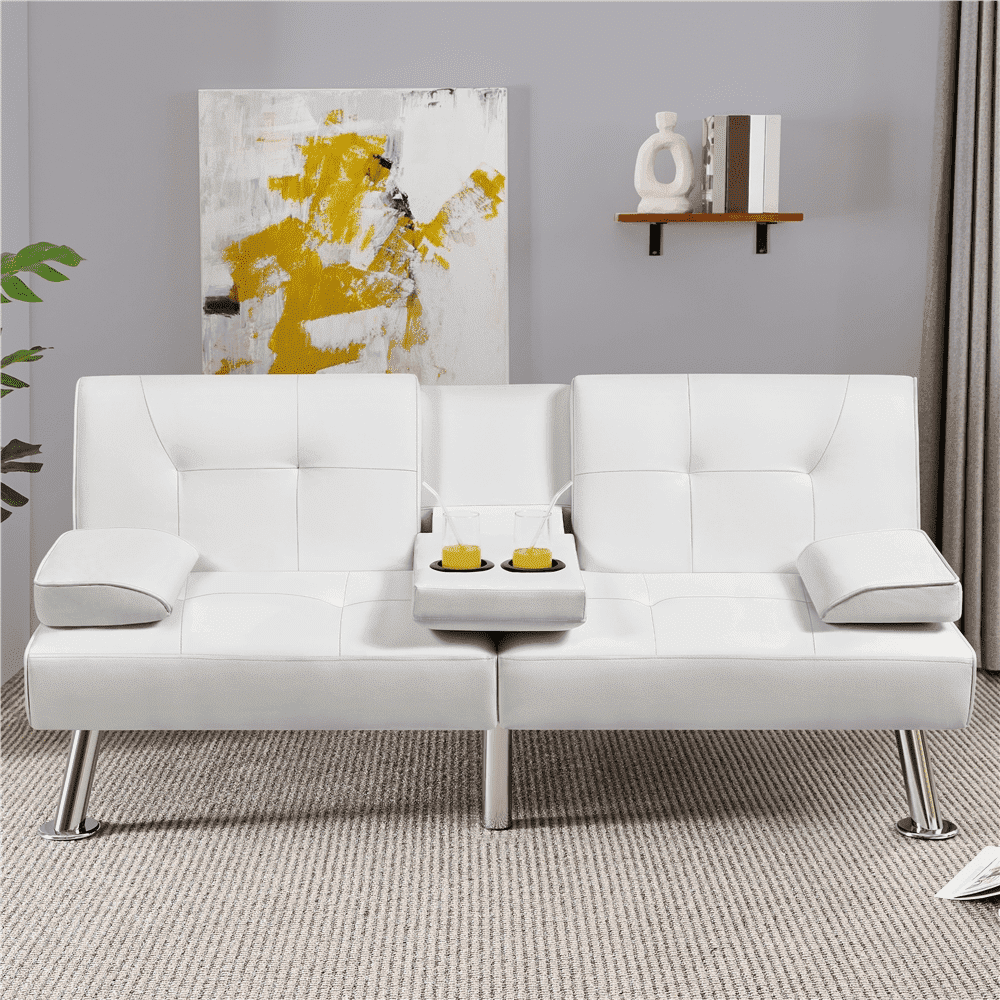 Yaheetech Modern Faux Leather Convertible Futon Sofa Bed with Cup Holders, White