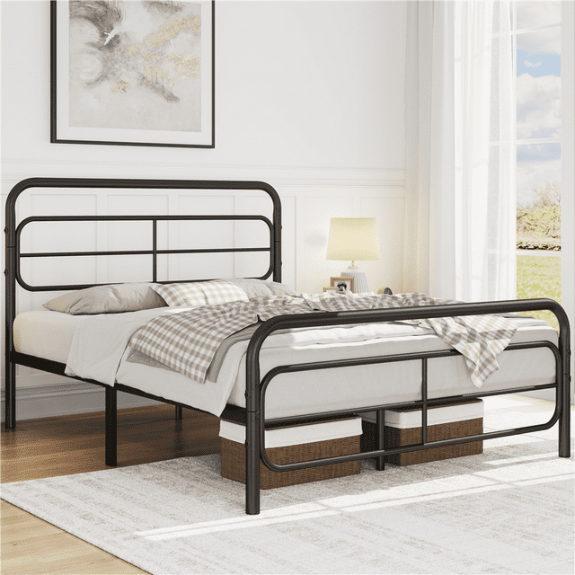 Yaheetech Modern Metal Platform Bed with Geometric Patterned Headboard ...