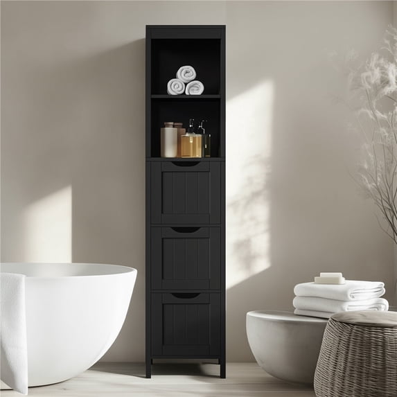 Yaheetech Modern Narrow Bathroom Storage Cabinet with 3 Drawers and 2 Open Shelves, Black