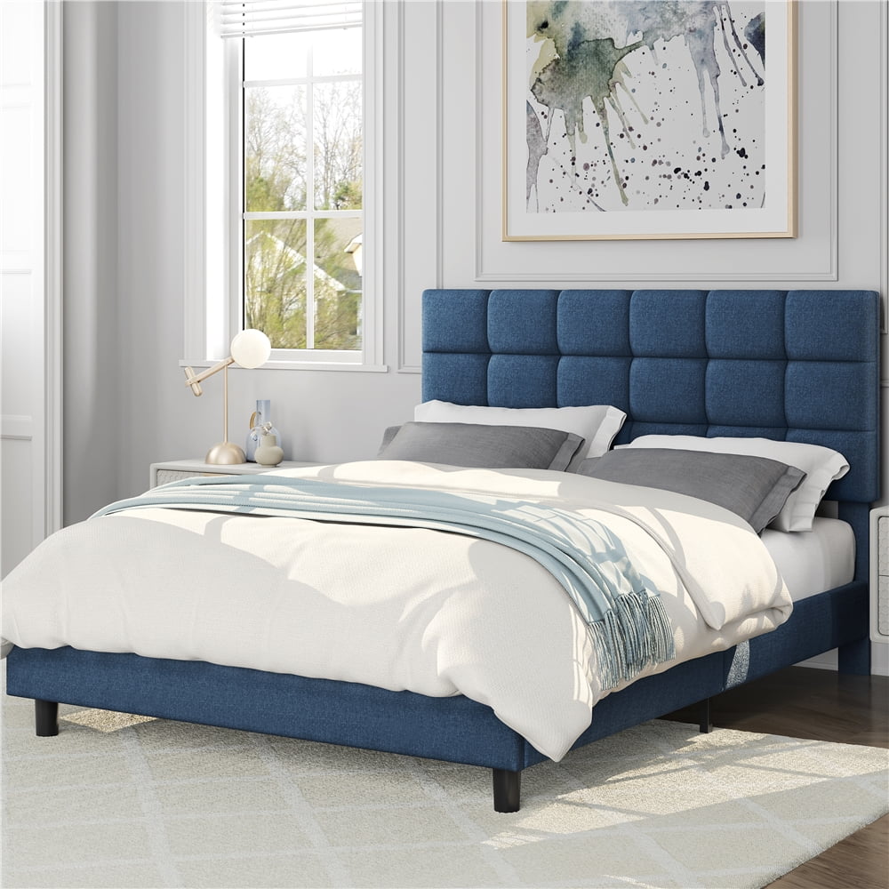 Yaheetech Modern Upholstered Platform Bed with Adjustable Tufted Headboard, Full Size, Navy Blue