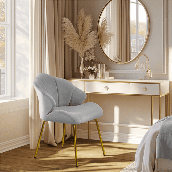 Yaheetech Modern Velvet Accent Chair with Shell Shaped Backrest & Golden Metal Legs, Light Gray