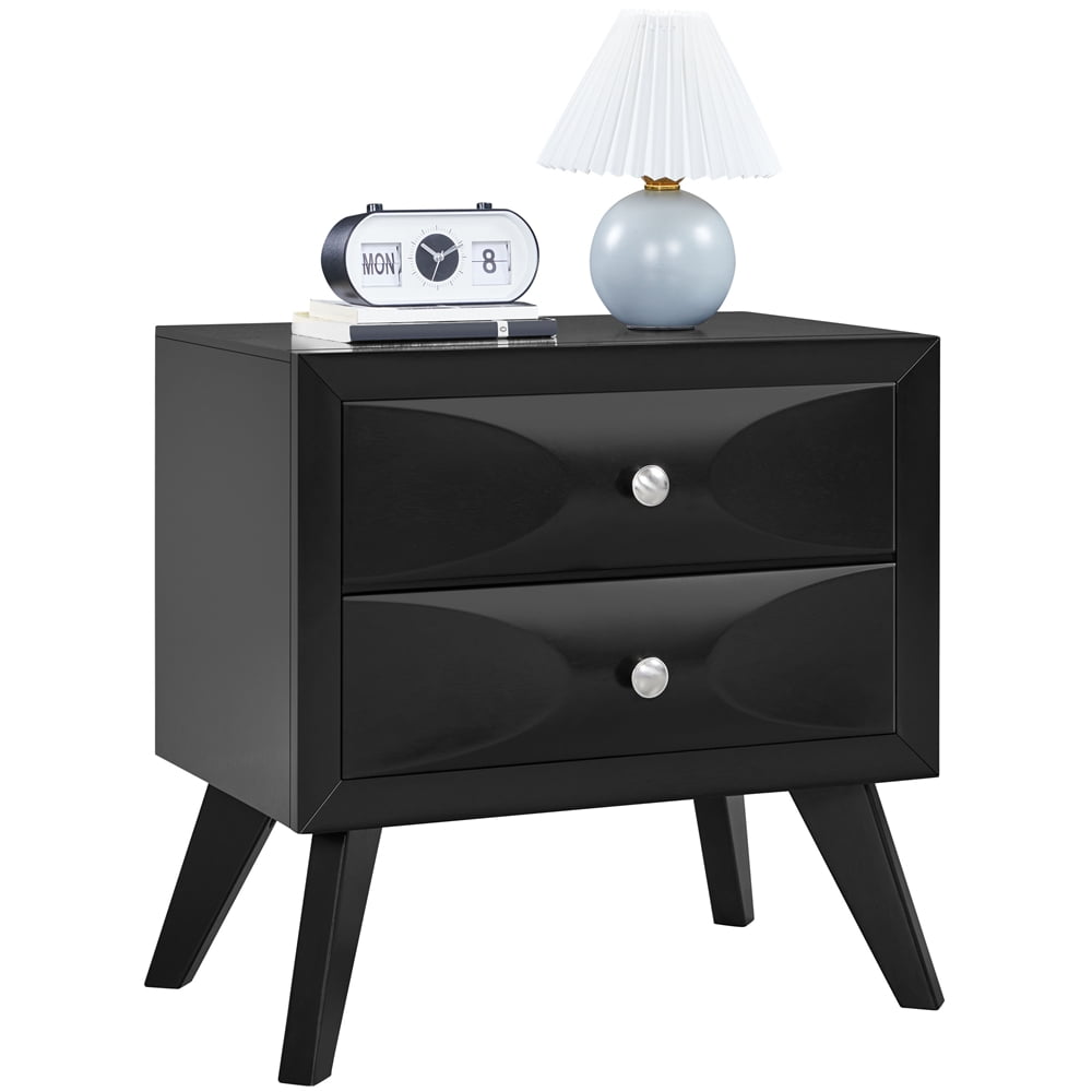 Black Rubberwood Modern 2-Drawer Nightstand