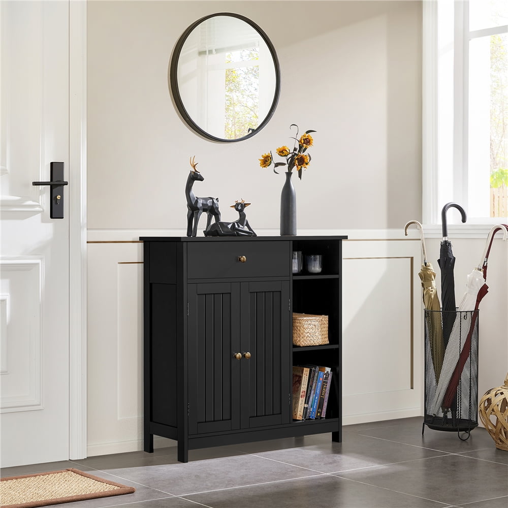 Yaheetech Modern Wooden Bathroom Storage Cabinet with 3 Open Shelves & Drawer, Black