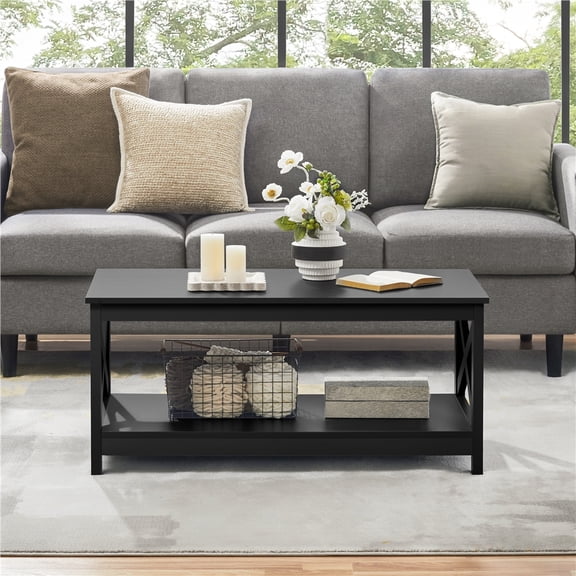 Yaheetech Modern X Design Coffee Table with Storage Shelf, Black