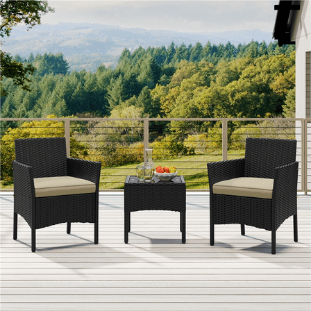 Yaheetech Outdoor 3-Piece Patio Rattan Chairs with Cushions and Side Table, Black/Khaki