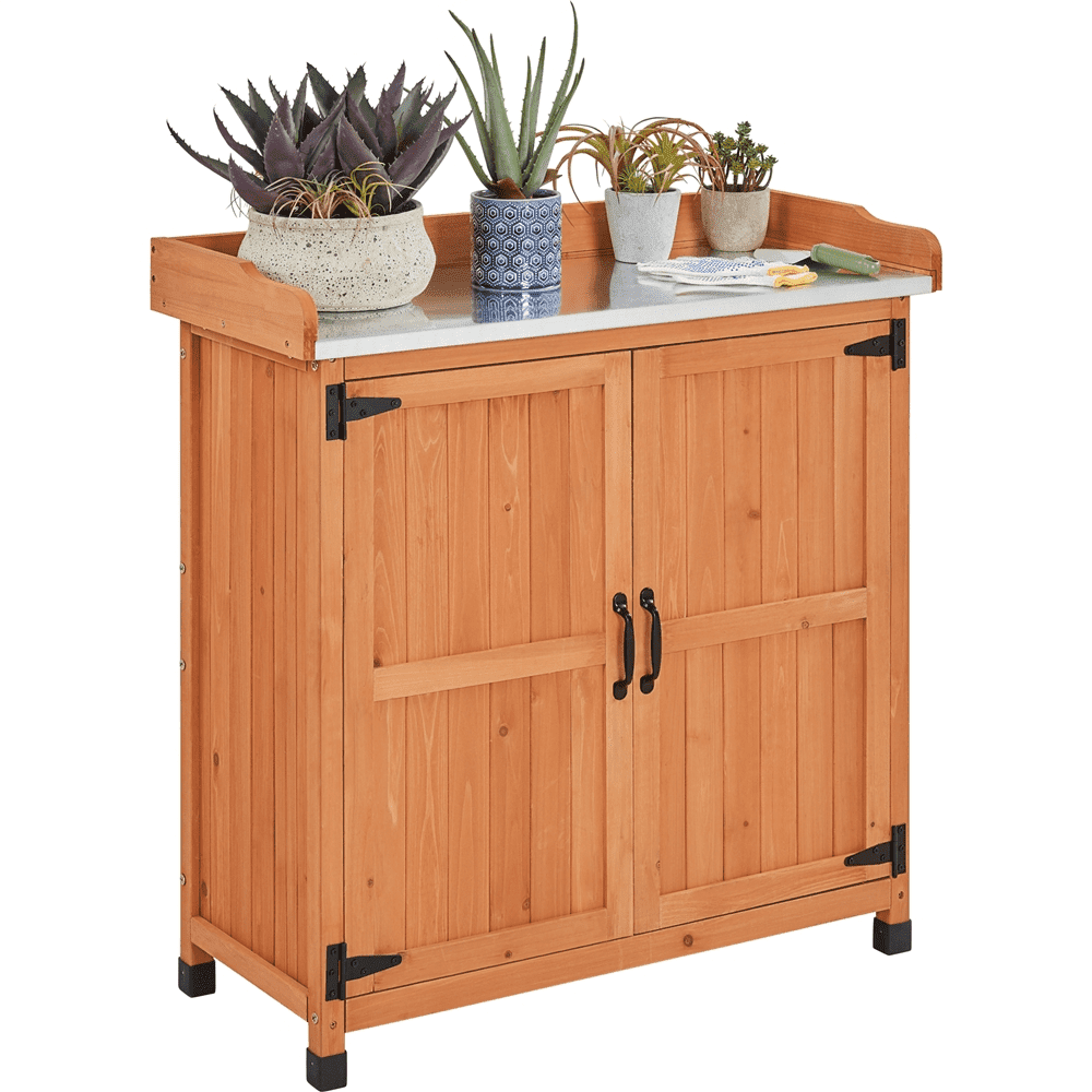 Brown Fir Wood Garden Potting Bench with Metal Tabletop