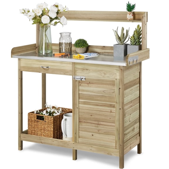 Yaheetech Outdoor Garden Potting Bench Table with Storage Cabinet, Drawer & Open Shelves