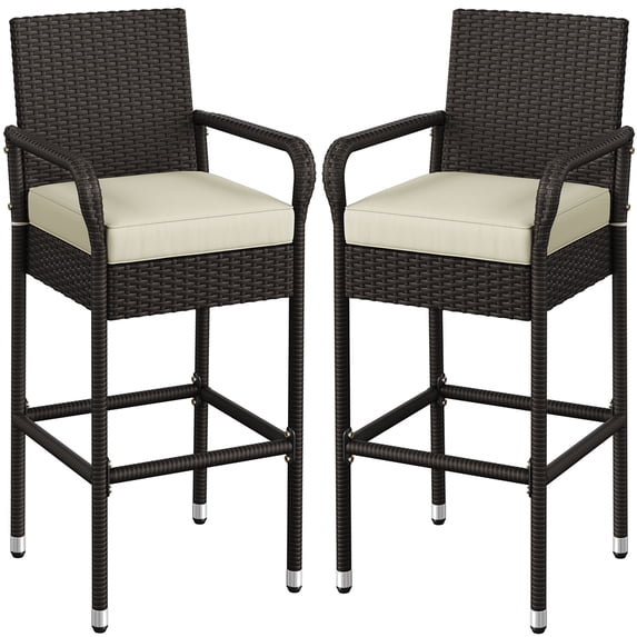 Yaheetech Outdoor PE Rattan Bar Stools with Cushions and Armrests, Set of 2, Brown/Beige
