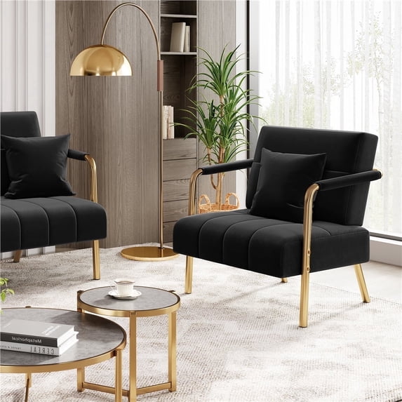 Yaheetech Oversized Velvet Accent Armchair with Gold Metal Frame, Black