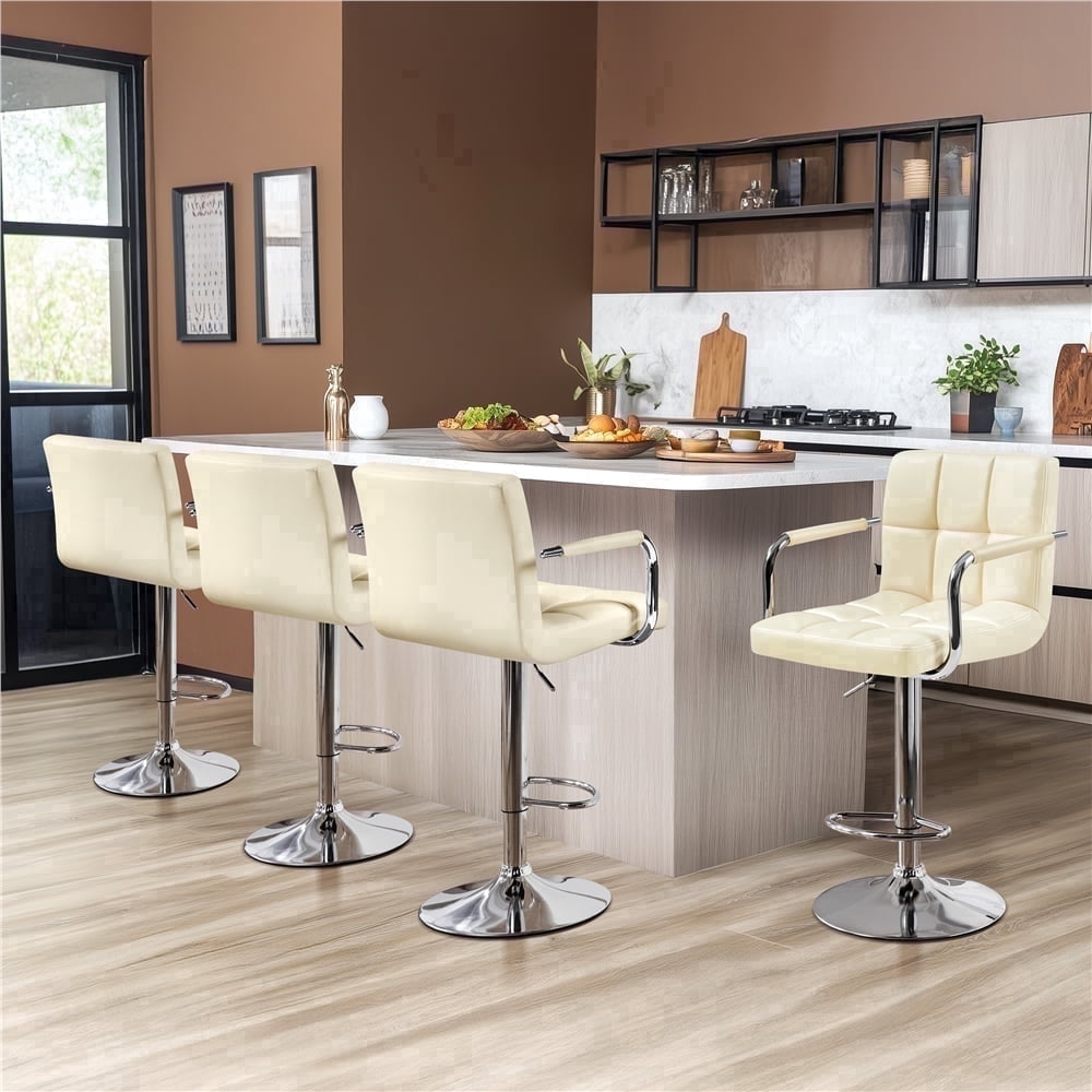 Yaheetech PU Leather Bar Stools with Armrests and Footrest, Set of 4, Beige