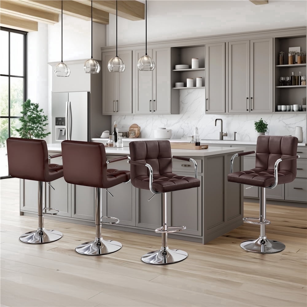 Yaheetech PU Leather Bar Stools with Armrests and Footrest, Set of 4, Brown