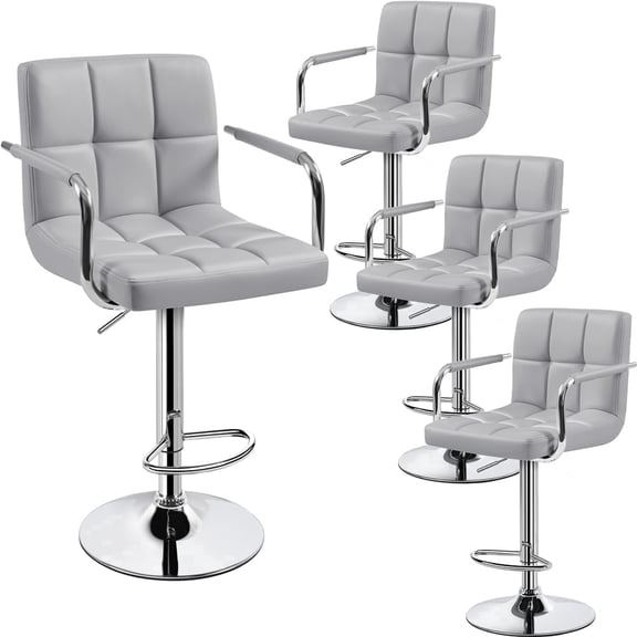 Yaheetech PU Leather Bar Stools with Armrests and Footrest, Set of 4, Light Gray