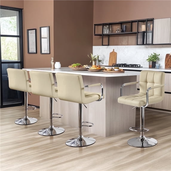 Yaheetech PU Leather Bar Stools with Armrests and Footrest, Set of 4, khaki