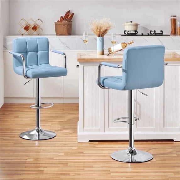 Yaheetech PU Leather Bar Stools with Large Steel Pedestal Base, Set of 2, Blue