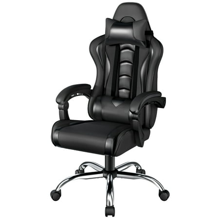 Yaheetech PU Leather Ergonomic Gaming Chair with Removable Head Pillow, Full Black