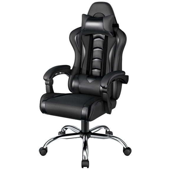 Yaheetech PU Leather Ergonomic Gaming Chair with Removable Head Pillow, Full Black