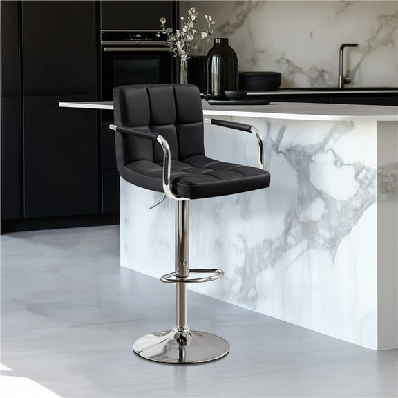Yaheetech PU Leather Swivel Bar Stool with Tufted Backrest and Padded Armrests, Black