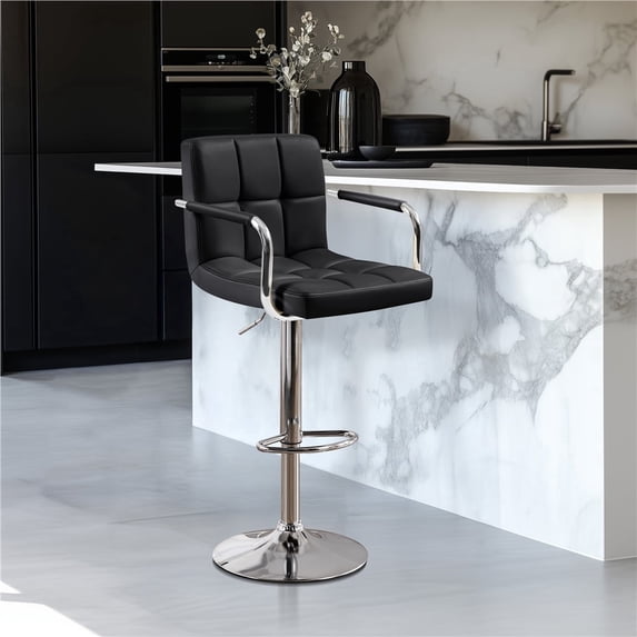 Yaheetech PU Leather Swivel Bar Stool with Tufted Backrest and Padded Armrests, Black