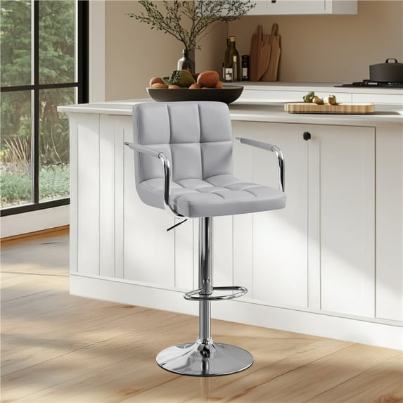Yaheetech PU Leather Swivel Bar Stool with Tufted Backrest and Padded Armrests, Light Gray