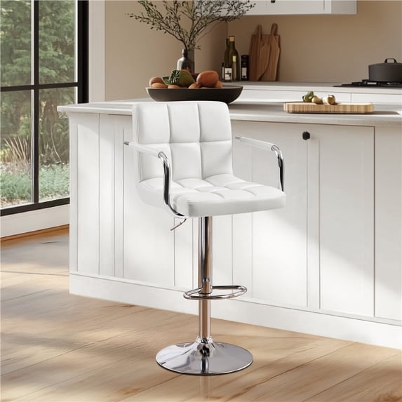 Yaheetech PU Leather Swivel Bar Stool with Tufted Backrest and Padded Armrests, White