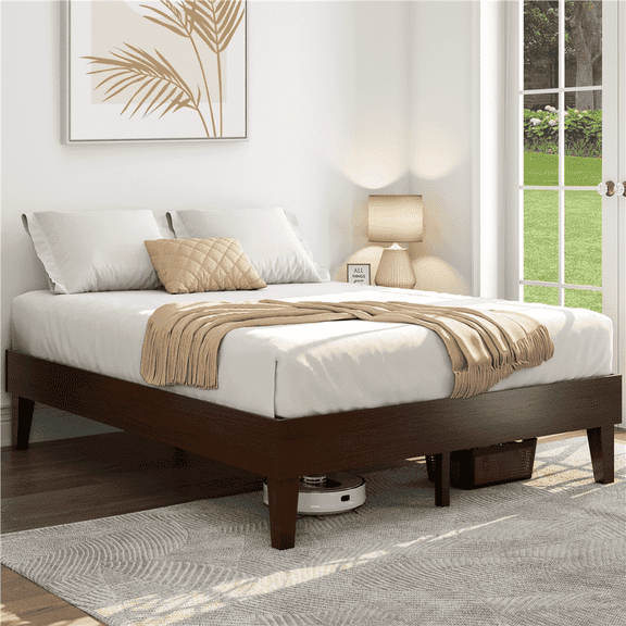 Yaheetech Solid Wood Platform Bed Frame with Wooden Slat Support, Dark Walnut, Full