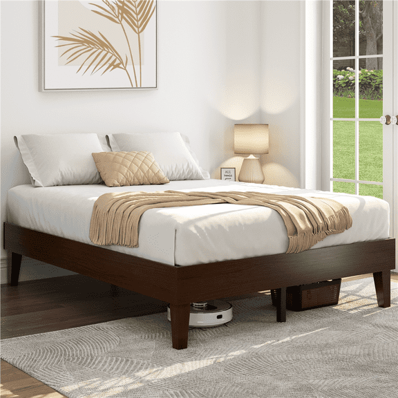 Yaheetech Solid Wood Platform Bed Frame with Wooden Slat Support, Dark Walnut, Full