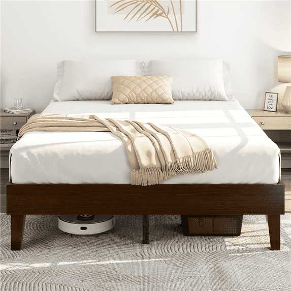 Yaheetech Queen Size Solid Wood Platform Bed Frame with Slat Support, Dark Walnut