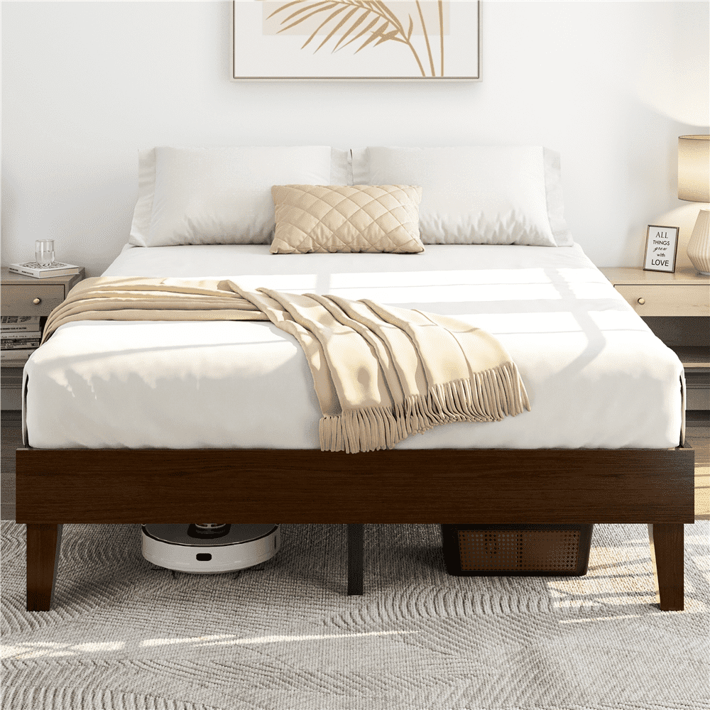 Yaheetech Solid Wood Platform Bed Frame with Wooden Slat Support, Dark Walnut, Queen