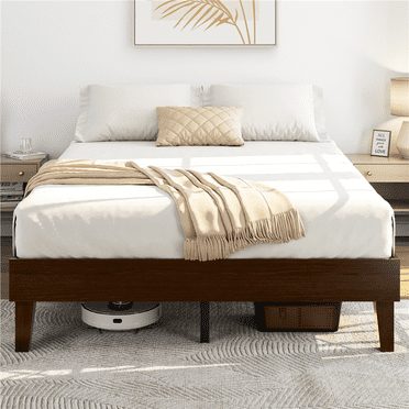 Yaheetech Solid Wood Platform Bed Frame with Wooden Slat Support, Dark Walnut, Queen