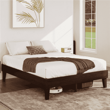 Yaheetech Solid Wood Platform Bed Frame with Wooden Slat Support, Dark Walnut, Queen