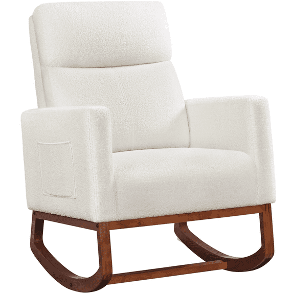 Yaheetech Boucle Upholstered Rocking Chair with Rubberwood Legs for Living Room, Ivory