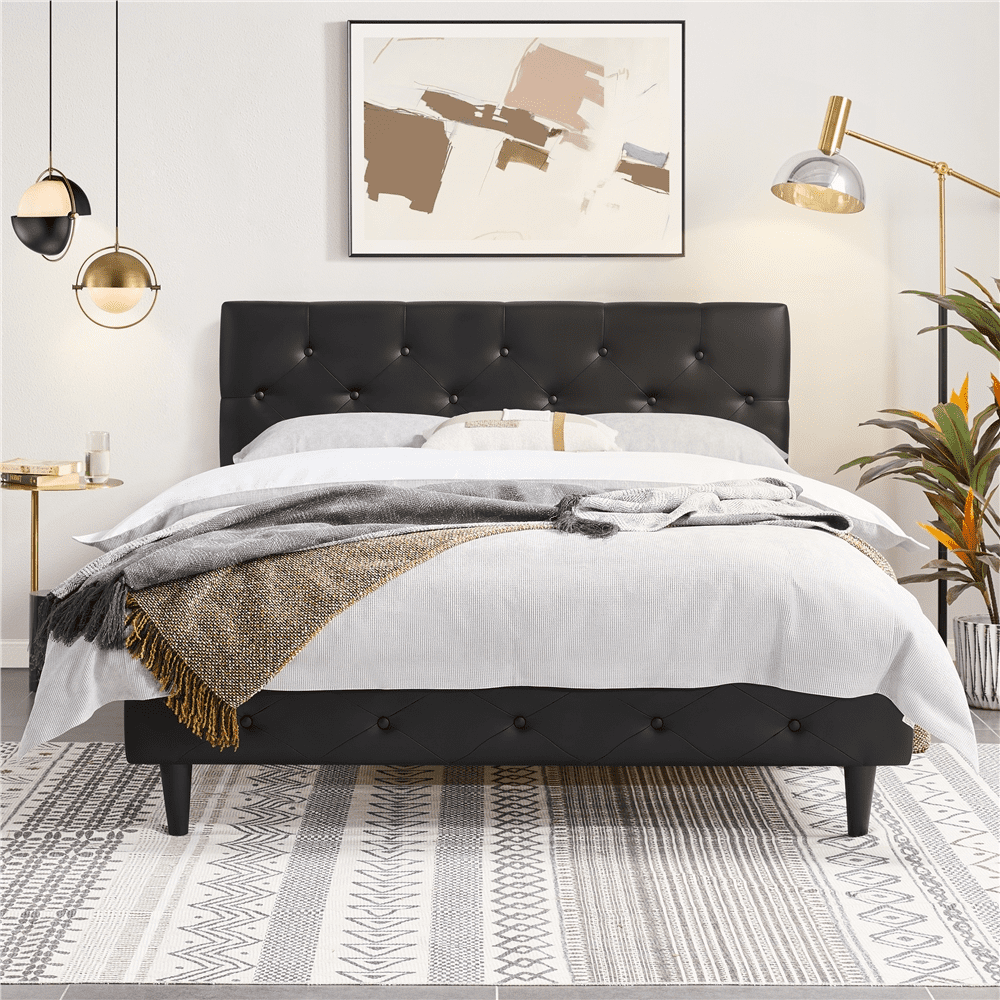 Yaheetech Queen Size Faux Leather Upholstered Platform Bed With Button ...