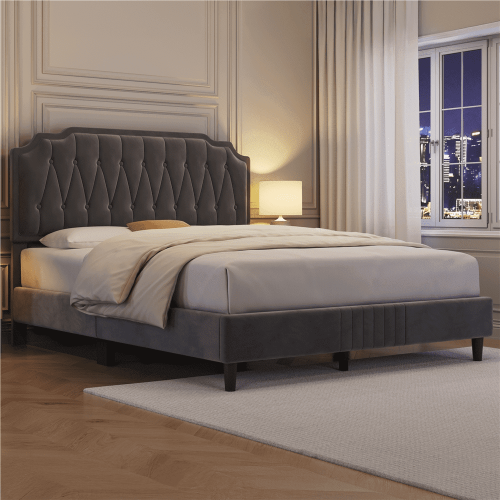 Yaheetech Queen Size Upholstered Bed Frame with Wooden Slat Support, Dark Gray
