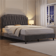 Yaheetech Queen Size Upholstered Bed Frame with Wooden Slat Support, Dark Gray