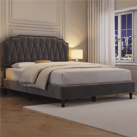 Yaheetech Queen Size Upholstered Bed Frame with Wooden Slat Support, Dark Gray