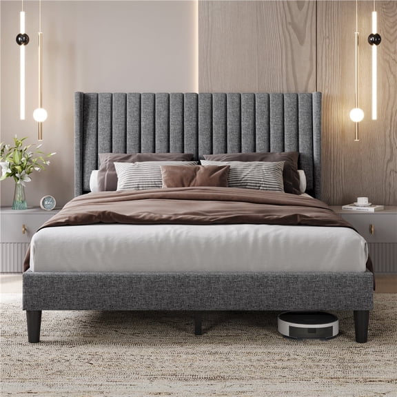 Yaheetech Queen Upholstered Bed Frame with Wing Sides and Channel Headboard, Light Gray