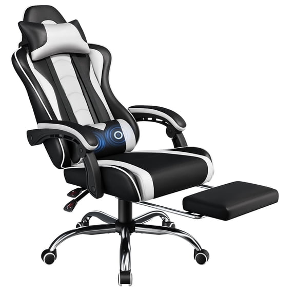 Yaheetech Reclining Gaming Chair with Folding Footrest and Massage Lumbar Pillow, Black/White