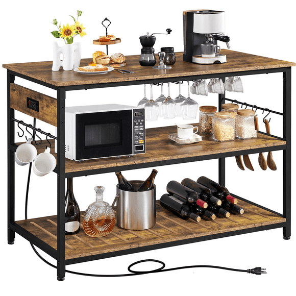 Yaheetech Rolling Kitchen Island with 3 Shelves, Glass Holder and Power Outlets, Rustic Brown
